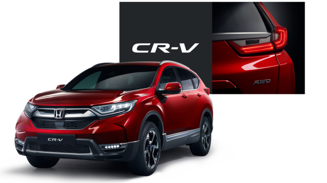 Honda CR-V sett på skrå forfra med nærbilde av baklys og CR-V-logo.