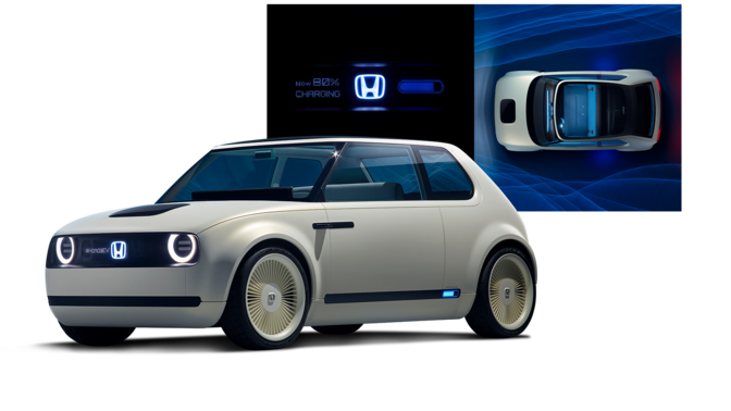 Honda Clarity Fuel Cell sett på skrå forfra med Honda-logo.