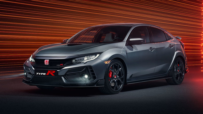 Tre Honda Civic Type R sett skrått forfra