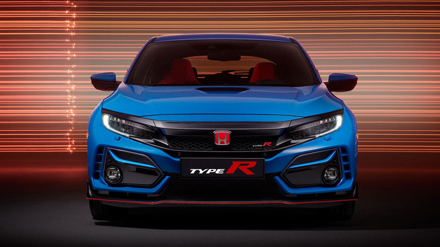 Tre Honda Civic Type R sett skrått forfra