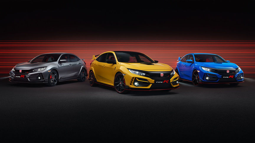 Tre Honda Civic Type R sett skrått forfra