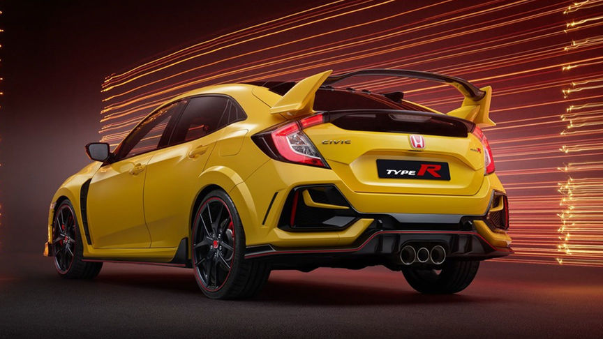 Tre Honda Civic Type R sett skrått forfra