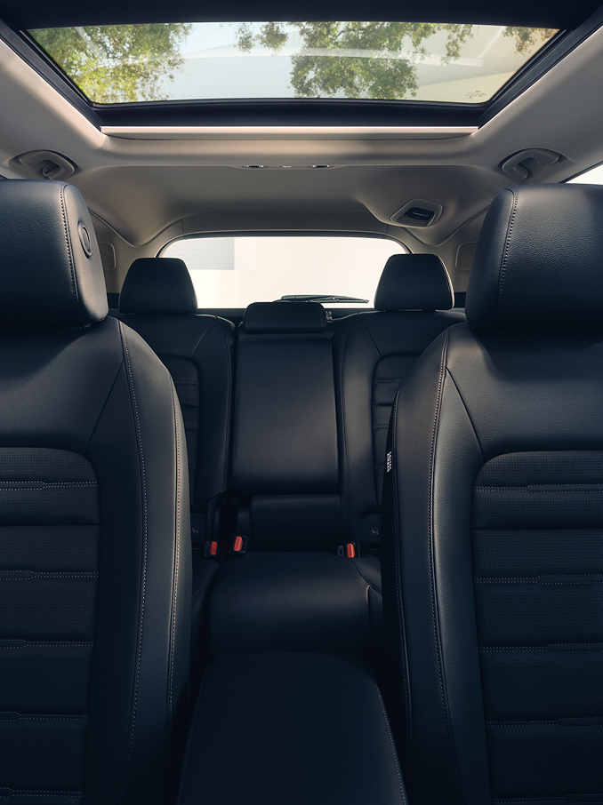 Interiørbilde av en bil med oppvarmede sorte skinnseter foran og bak med nakkestøtter, en romslig kupé og et panoramatak i glass som slipper inn naturlig lys.