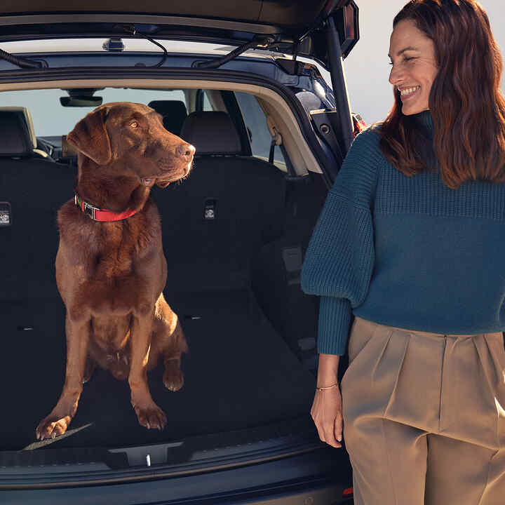 Honda CR-V Hybrid sett bakfra med hund og person som sitter inne i bagasjerommet.
