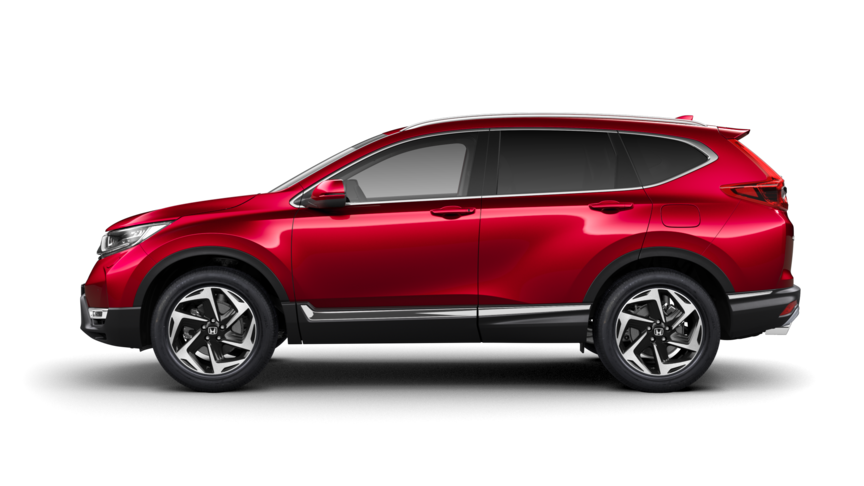 Side mot Honda CR-V i Premium metallisk krystallrød.