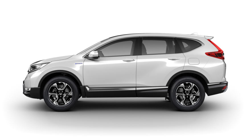 Honda CR-V Hybrid i Platinum hvit perle, sett fra siden.