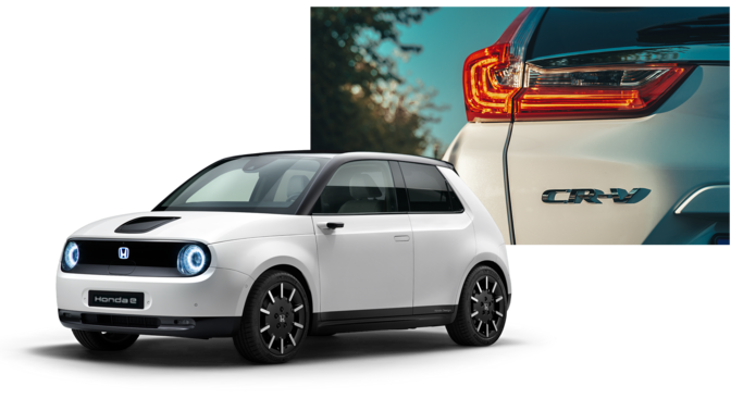 Honda Clarity Fuel Cell sett på skrå forfra med Honda-logo.
