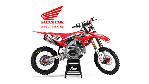 Honda-motorsykkel sett fra siden med Factory Racing-dekalsett.