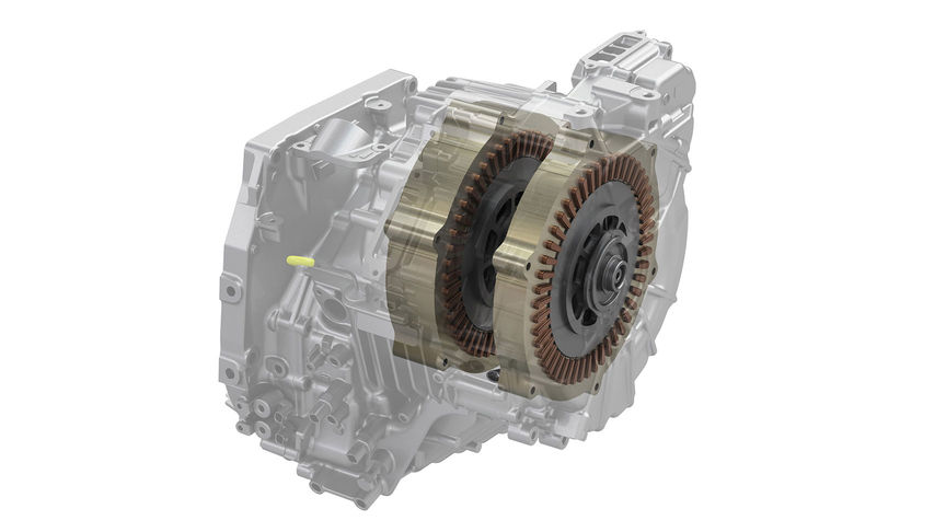 Nærbilde av generator- og drivmotorer i Hondas hybridsystem. 